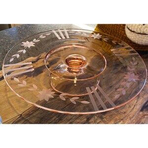 Vintage Art Deco Clear Pink Glass Cake Plate Fostoria or Jeanette Offset Etch